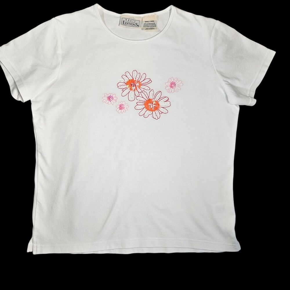 Y2K Basic Editions T shirt Women's Size S White Embordered Floral Sequins Beaded